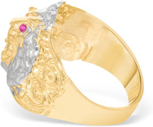Load image into Gallery viewer, 10k Yellow Gold 19.4mm Lion Face Two-Tone Ruby Eyes CZ Ring, Sizes 6-14