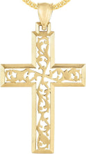 Load image into Gallery viewer, 14k Yellow Gold 1.6" Vine Openwork Cross Charm Pendant with optional Adjustable Chain Necklace