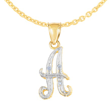 Load image into Gallery viewer, 10k Yellow Gold and White Gold Two-Tone 21.5mm Cursive Personalized Alphabet A-Z Initial Pendant with Optional 1.1mm Solid Cable Chain, 18 Inch