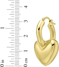 Load image into Gallery viewer, 14k Yellow Gold 32mm Puffy Heart Dangle Huggie Hoops Earrings