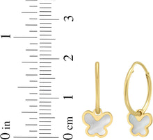 Load image into Gallery viewer, 14k Yellow Gold 19.2mm Mother of Pearl Dangle Butterfly Huggie Earrings