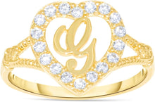 Load image into Gallery viewer, 10k Yellow Gold CZ Heart Cursive Alphabet Initial A-Z Ring