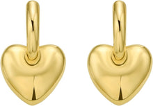 Load image into Gallery viewer, 14k Yellow Gold 32mm Puffy Heart Dangle Huggie Hoops Earrings