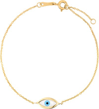 Load image into Gallery viewer, 14k Yellow Gold 15.6mm Mother of Pearl Gemstone Evil Eye Enamel Charm Link Bracelet, Adjustable 6.25" - 7 Inch