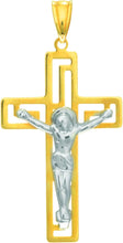 Load image into Gallery viewer, 14k Yellow Gold 1.1" Greek Key Jesus Crucifix Two-Tone Cross Charm Pendant with optional Adjustable Chain Necklace