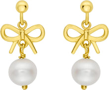 Load image into Gallery viewer, 14k Yellow Gold 23mm Bow Pearl Drop Earrings