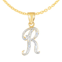 Load image into Gallery viewer, 10k Yellow Gold and White Gold Two-Tone 21.5mm Cursive Personalized Alphabet A-Z Initial Pendant with Optional 1.1mm Solid Cable Chain, 18 Inch