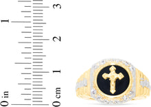 Load image into Gallery viewer, 10k Yellow Gold 14mm Jesus Crucifix Cross Onyx Railroad CZ Religious Ring, Sizes 5 - 13