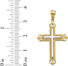 Load image into Gallery viewer, 14k Yellow Gold 1.2" Filigree Beaded Two-Tone Cross Charm Pendant with optional Adjustable Chain Necklace