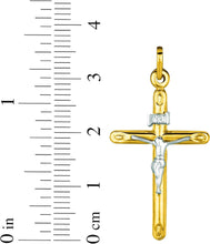 Load image into Gallery viewer, 14k Yellow Gold 1.7" or 1.2" Classic Cylinder Tube INRI Jesus Crucifix Two-Tone Cross Charm Pendant with optional Adjustable Chain Necklace