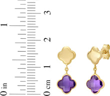 Load image into Gallery viewer, 14k Yellow Gold 18mm Clover Natural Gemstone Drop Earrings (Swiss Blue Topaz, Garnet, Amethyst, Citrine, Peridot)