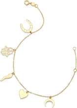 Load image into Gallery viewer, 14k Yellow Gold 13.5mm Horseshoe, Hamsa Hand, Heart, Horn & Moon Dangling Element Charm Link Bracelet, Adjustable 6.25" - 7 Inch