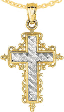 Load image into Gallery viewer, 14k Yellow Gold 0.9" Filigree Openwork Two-Tone Cross Charm Pendant with optional Adjustable Chain Necklace