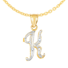Load image into Gallery viewer, 10k Yellow Gold and White Gold Two-Tone 21.5mm Cursive Personalized Alphabet A-Z Initial Pendant with Optional 1.1mm Solid Cable Chain, 18 Inch