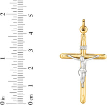 Load image into Gallery viewer, 14k Yellow Gold 1.7" or 1.2" Classic Cylinder Tube INRI Jesus Crucifix Two-Tone Cross Charm Pendant with optional Adjustable Chain Necklace