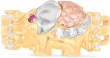 Load image into Gallery viewer, 10k Yellow Gold 9mm Ruby Eye CZ Elephant Tri-Tone Ring, Sizes 4 - 9.5