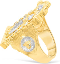 Load image into Gallery viewer, 10k Yellow Gold 28.7mm Two-Tone Saint Barbara Arch Praying Hands CZ Ring, Sizes 6-13