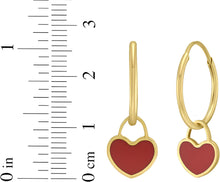 Load image into Gallery viewer, 14k Yellow Gold 22mm Dangle Heart Huggie Earrings (Turquoise, Red Coral, Mother of Pearl)