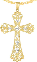 Load image into Gallery viewer, 14k Yellow Gold 1.3" Filigree Openwork Two-Tone Lozenge Cross Charm Pendant with optional Adjustable Chain Necklace