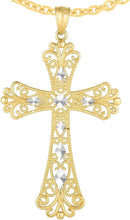 Load image into Gallery viewer, 14k Yellow Gold 1.3" Filigree Openwork Two-Tone Lozenge Cross Charm Pendant with optional Adjustable Chain Necklace
