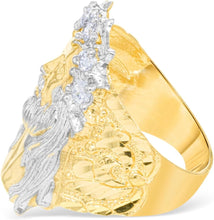 Load image into Gallery viewer, 10k Yellow Gold 27mm Jesus Face Two-Tone CZ Crown Men's Ring, Sizes 5 - 13