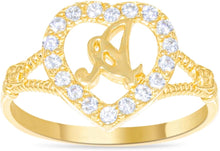 Load image into Gallery viewer, 10k Yellow Gold CZ Heart Cursive Alphabet Initial A-Z Ring