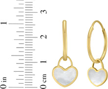 Load image into Gallery viewer, 14k Yellow Gold 22mm Dangle Heart Huggie Earrings (Turquoise, Red Coral, Mother of Pearl)