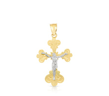 Load image into Gallery viewer, 10k Yellow Gold Tri-Flower Crucifix Religious Pendant