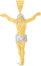 Load image into Gallery viewer, 10k Yellow Gold and White Gold Crucifix of Jesus Christ Pendant with Optional Adjustable Rope Chain Necklace