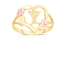 Load image into Gallery viewer, 10k Yellow Gold A-Z Initial Ring with Heart and Rose Gold Flower Design, Sizes 4-9
