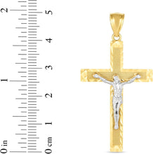 Load image into Gallery viewer, 14k Yellow Gold 1.6" Diamond Cut & Textured Jesus Crucifix Two-Tone Cross Charm Pendant with optional Adjustable Chain Necklace