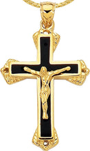 Load image into Gallery viewer, 14k Yellow Gold 1.4" Layered Black Enamel Jesus Crucifix Cross Charm Pendant with optional Adjustable Chain Necklace