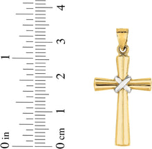 Load image into Gallery viewer, 14k Yellow Gold 1.1" Knot-Tied Byzantine Two-Tone Cross Charm Pendant with optional Adjustable Chain Necklace