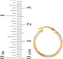 Load image into Gallery viewer, 10k Yellow Gold 19mm Diamond Cut Station Tri-Color Hoop Earrings