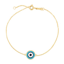 Load image into Gallery viewer, 14k Yellow Gold 12.3mm Blue Turquoise Enamel Evil Eye Charm Link Bracelet, Extendable 6.25" - 7 Inch