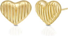 Load image into Gallery viewer, 14k Yellow Gold 9.5mm Puffy Ridged Heart Stud Earrings