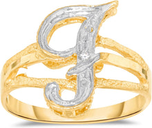 Load image into Gallery viewer, 10k Two-Tone Yellow Gold and White Gold 15mm Personalized A-Z Initial Cursive Letter Ring, Sizes 3 - 10
