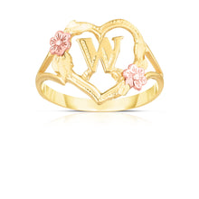 Load image into Gallery viewer, 10k Yellow Gold A-Z Initial Ring with Heart and Rose Gold Flower Design, Sizes 4-9