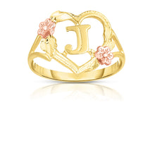 Load image into Gallery viewer, 10k Yellow Gold A-Z Initial Ring with Heart and Rose Gold Flower Design, Sizes 4-9