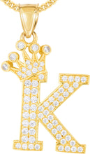 Load image into Gallery viewer, 10k Yellow Gold 0.8" Pave CZ Personalized Crown Alphabet Letter A - Z Initial Charm Pendant with optional Chain Necklace