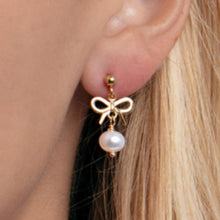 Load image into Gallery viewer, 14k Yellow Gold 23mm Bow Pearl Drop Earrings
