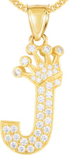 Load image into Gallery viewer, 10k Yellow Gold 0.8" Pave CZ Personalized Crown Alphabet Letter A - Z Initial Charm Pendant with optional Chain Necklace
