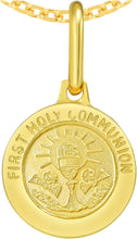 Load image into Gallery viewer, Italian 14k Yellow Gold 12mm First Holy Communion Medallion Religious Charm Pendant with Optional Necklace, 16-17-18 Inch
