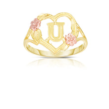 Load image into Gallery viewer, 10k Yellow Gold A-Z Initial Ring with Heart and Rose Gold Flower Design, Sizes 4-9
