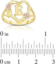 Load image into Gallery viewer, 10k Yellow Gold A-Z Initial Ring with Heart and Rose Gold Flower Design, Sizes 4-9