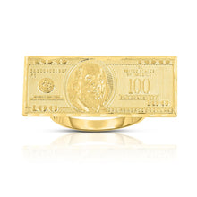 Load image into Gallery viewer, 10k Yellow Gold Hundred Dollar Bill Benjamin Franklin $100 Ring