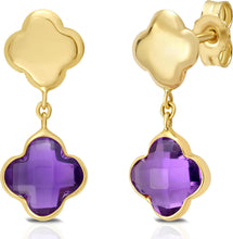 Load image into Gallery viewer, 14k Yellow Gold 18mm Clover Natural Gemstone Drop Earrings (Swiss Blue Topaz, Garnet, Amethyst, Citrine, Peridot)