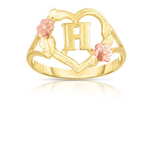 Load image into Gallery viewer, 10k Yellow Gold A-Z Initial Ring with Heart and Rose Gold Flower Design, Sizes 4-9