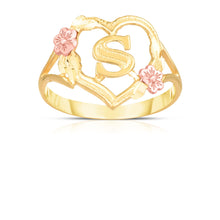 Load image into Gallery viewer, 10k Yellow Gold A-Z Initial Ring with Heart and Rose Gold Flower Design, Sizes 4-9