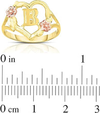 Load image into Gallery viewer, 10k Yellow Gold A-Z Initial Ring with Heart and Rose Gold Flower Design, Sizes 4-9